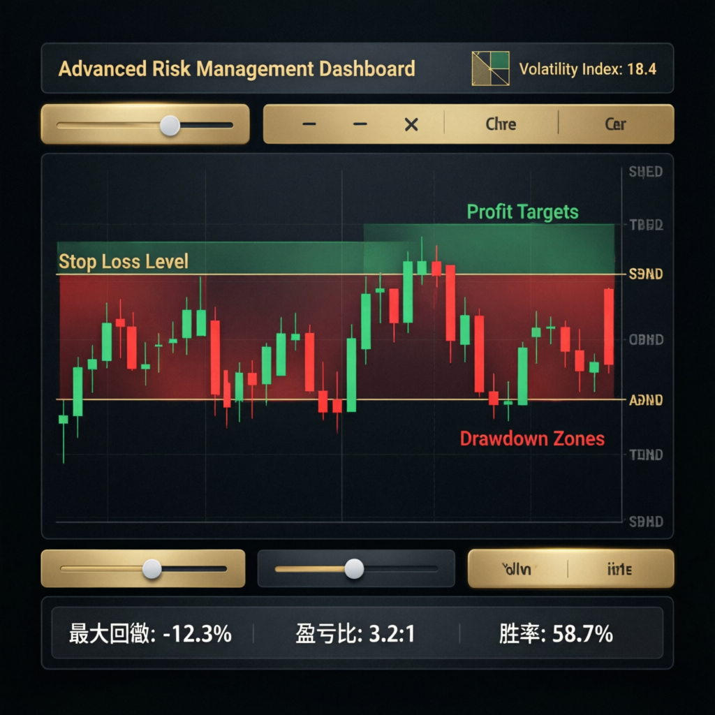 Advanced risk management dashboard showing stop loss levels, profit targets, and drawdown zones for Apex Trader Funding