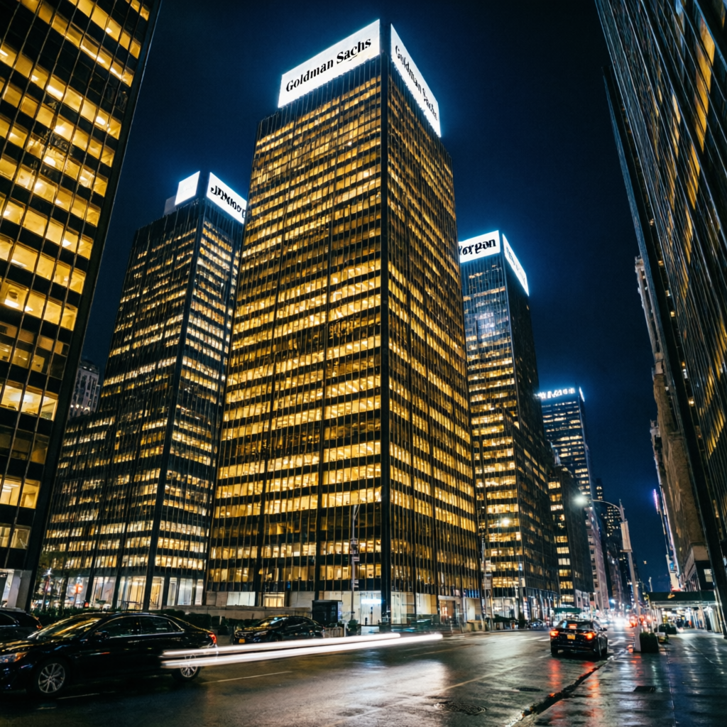 Wall Street financial district at night with illuminated skyscrapers representing premium trading success and funded accounts