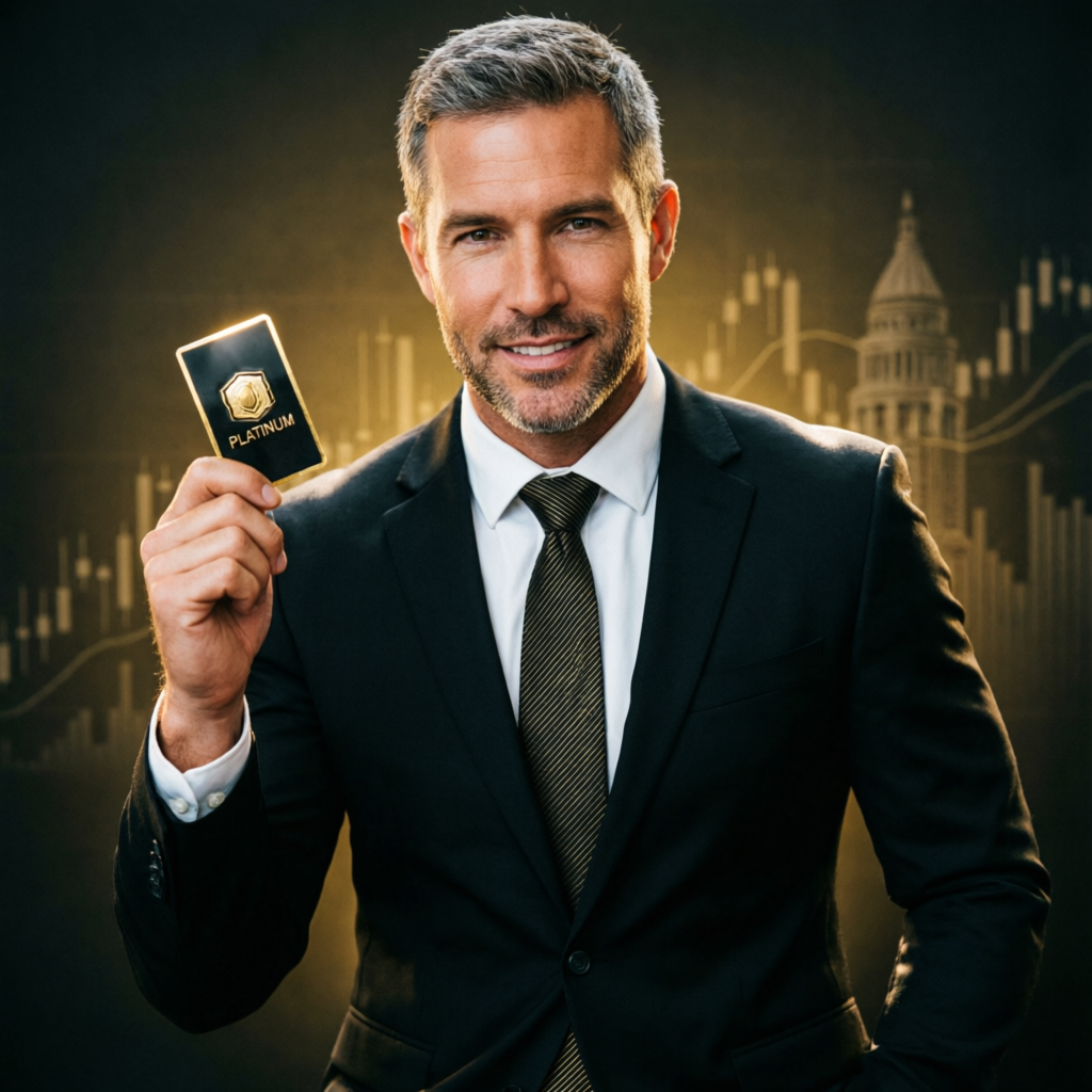 Professional funded trader holding platinum card representing premium prop firm passing service success