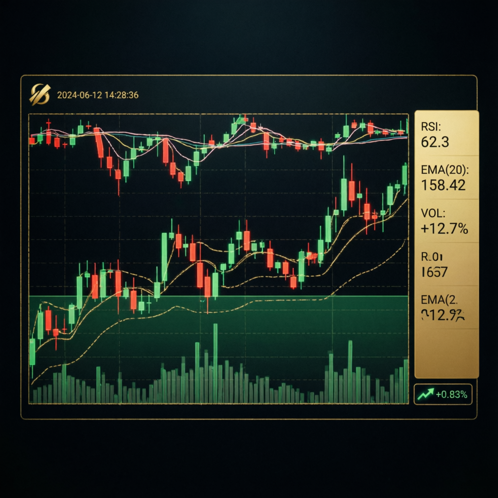Advanced market analysis with multiple technical indicators, candlestick patterns, and volume analysis on dark trading interface