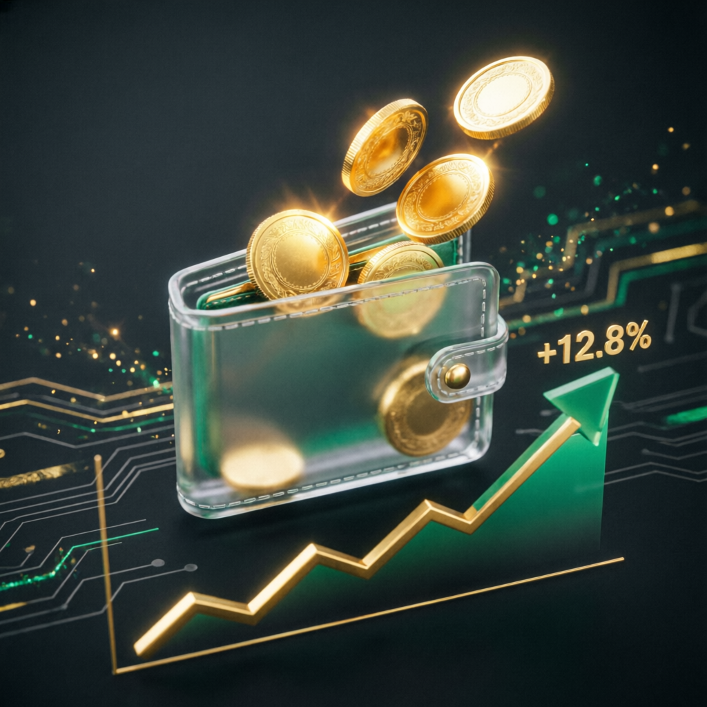 Funded account payout success visualization with gold coins and financial growth chart showing profit withdrawals