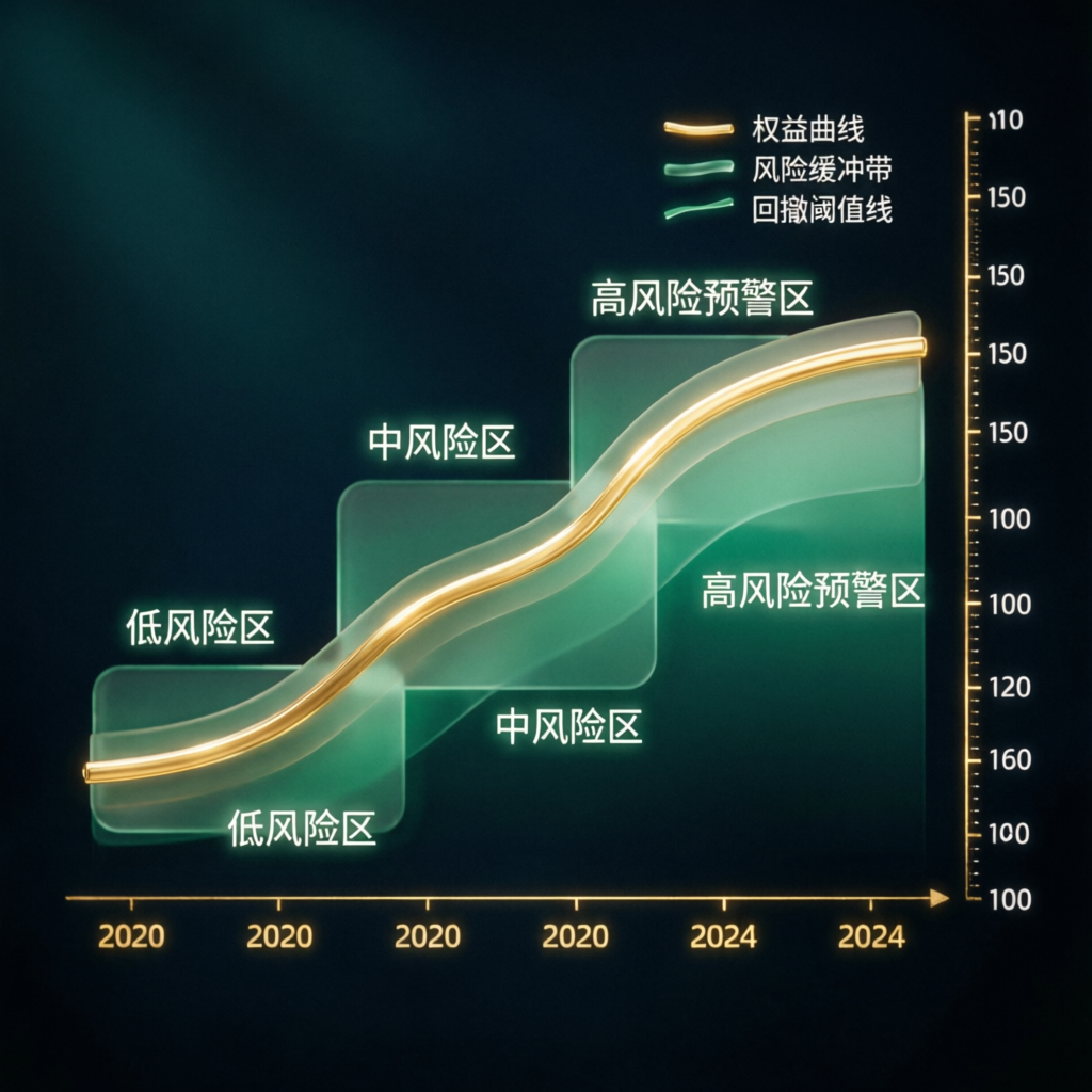 Equity curve visualization showing risk zones, drawdown thresholds, and account growth trajectory for funded traders