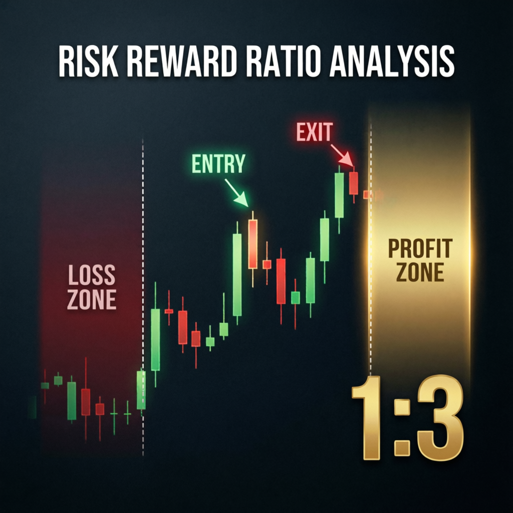 Risk reward ratio analysis visualization showing entry exit points, loss zone, and profit zone with 1:3 ratio