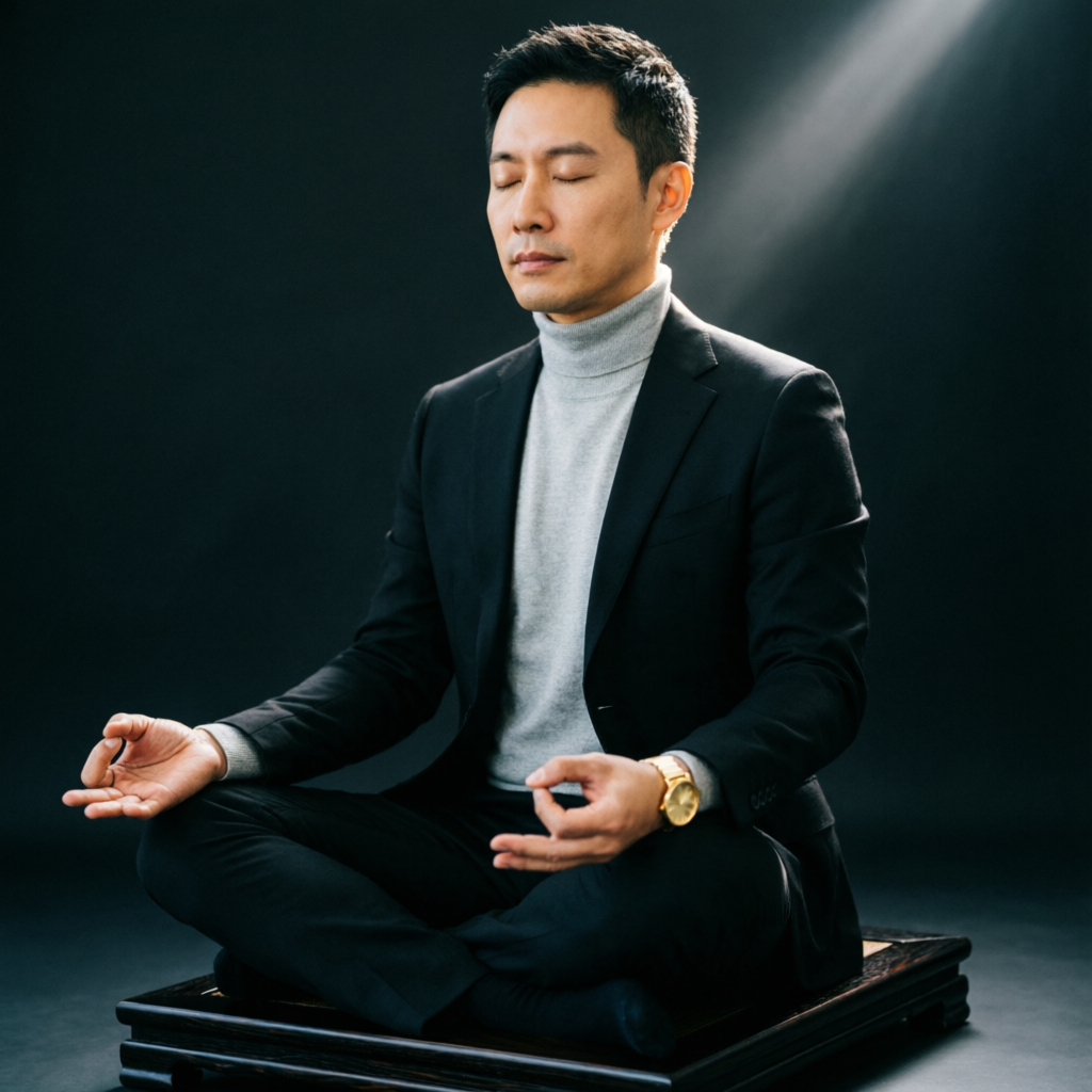 Trading psychology and discipline concept showing professional trader in meditation pose for mental preparation
