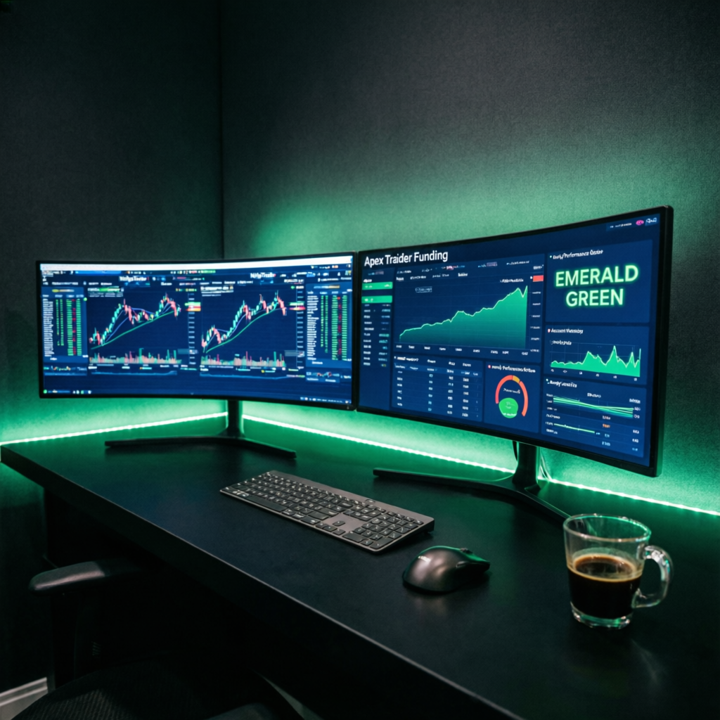 Professional futures trading desk with NinjaTrader platform showing Apex Trader Funding dashboard and performance analytics