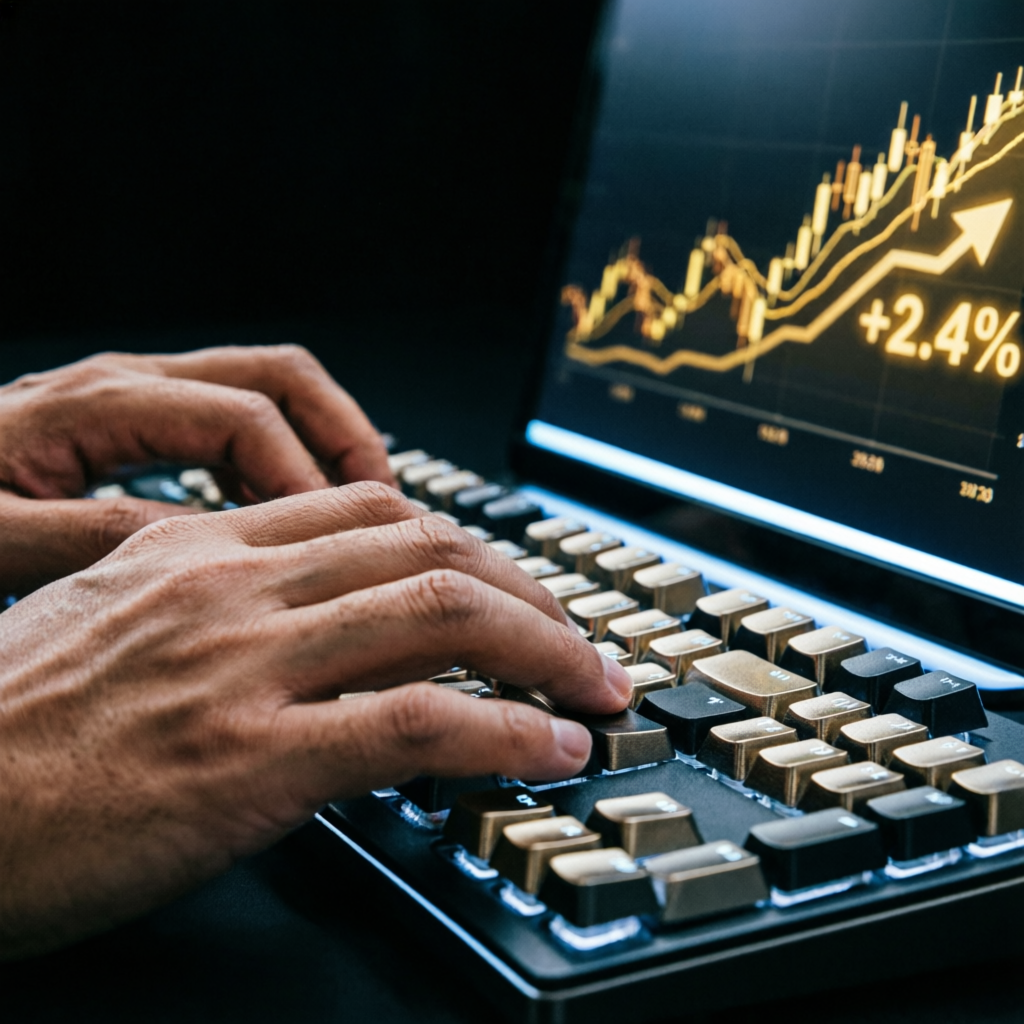 Professional hands typing on keyboard with Apex Trader Funding profit charts showing +2.4% gains