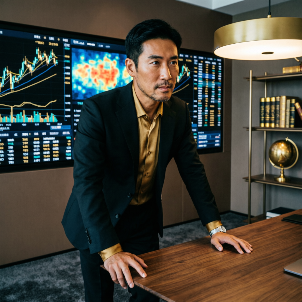 Professional forex trader analyzing Apex Trader Funding charts in luxury black and gold office