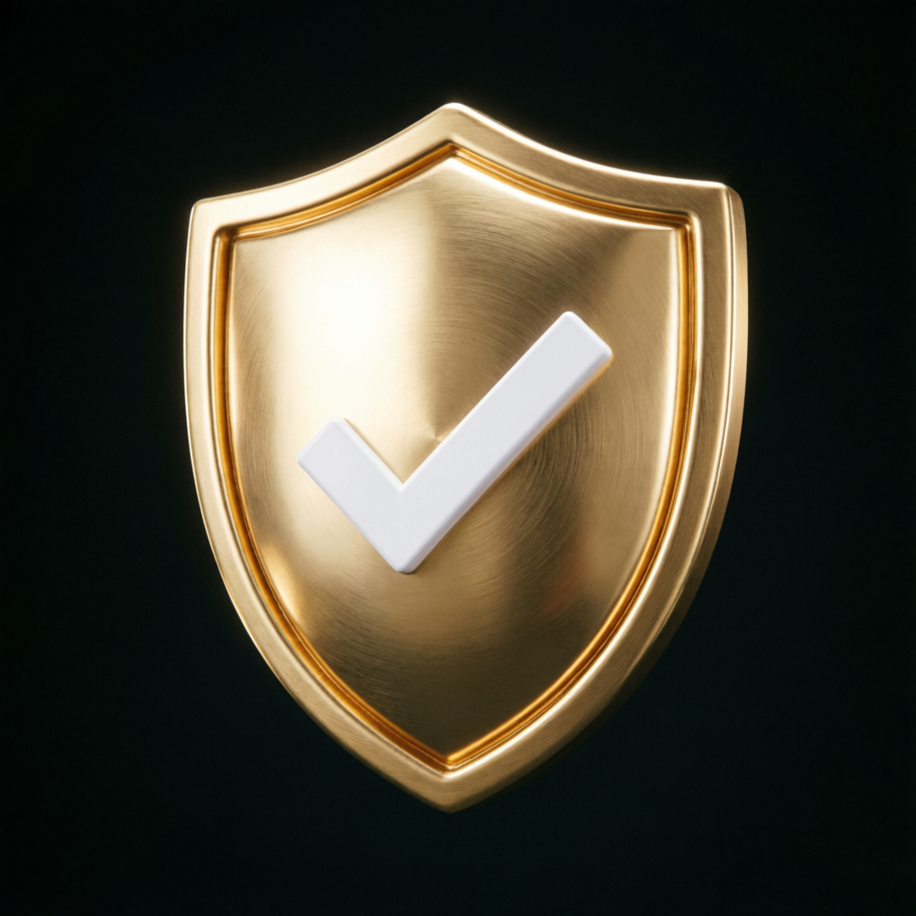 Golden shield with checkmark representing verified legit Apex Trader Funding passing service
