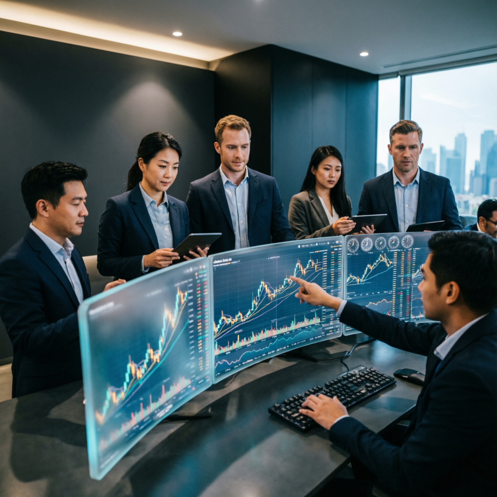 Professional trading team collaborating on multiple accounts