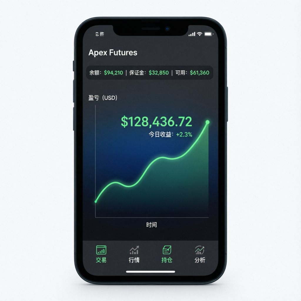 Mobile trading app showing Apex Futures account with profit chart