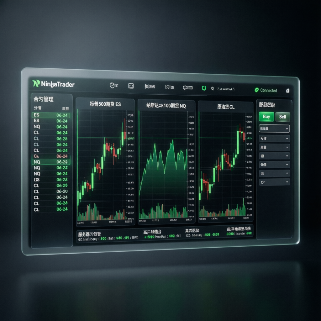NinjaTrader platform showing multiple futures charts