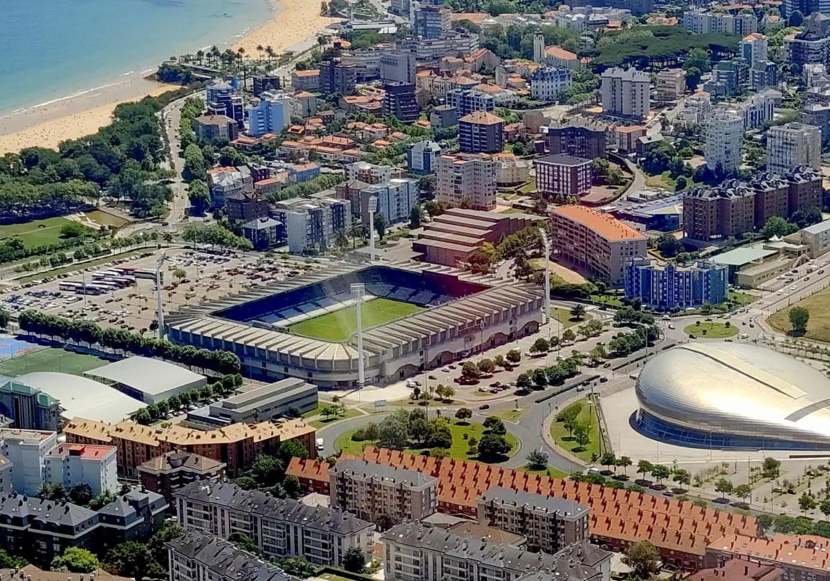 Racing Santander vs Villarreal takes place at El Sardinero stadium, seen here from above near the Santander coastline