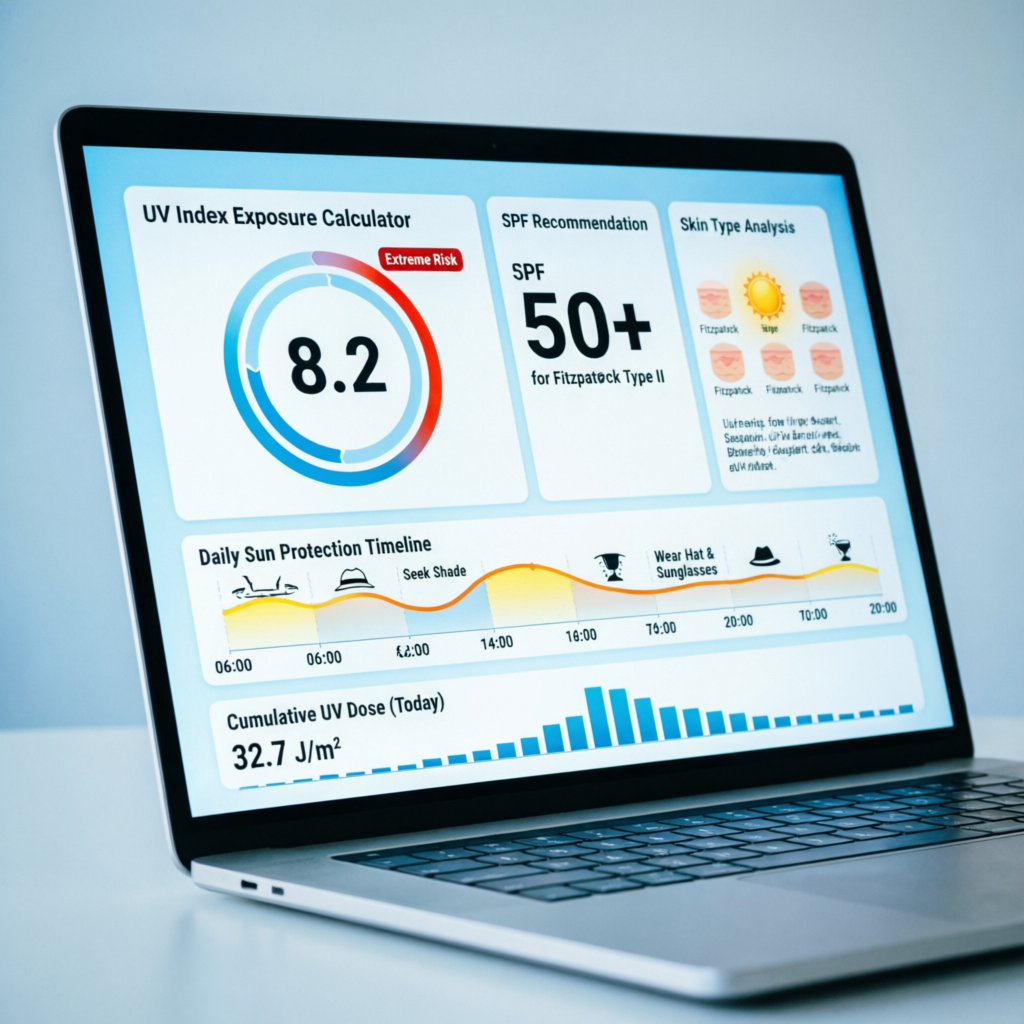 Modern UV index exposure calculator dashboard displaying sun protection metrics, SPF recommendations, Fitzpatrick skin type analytics, and health safety charts on a laptop screen