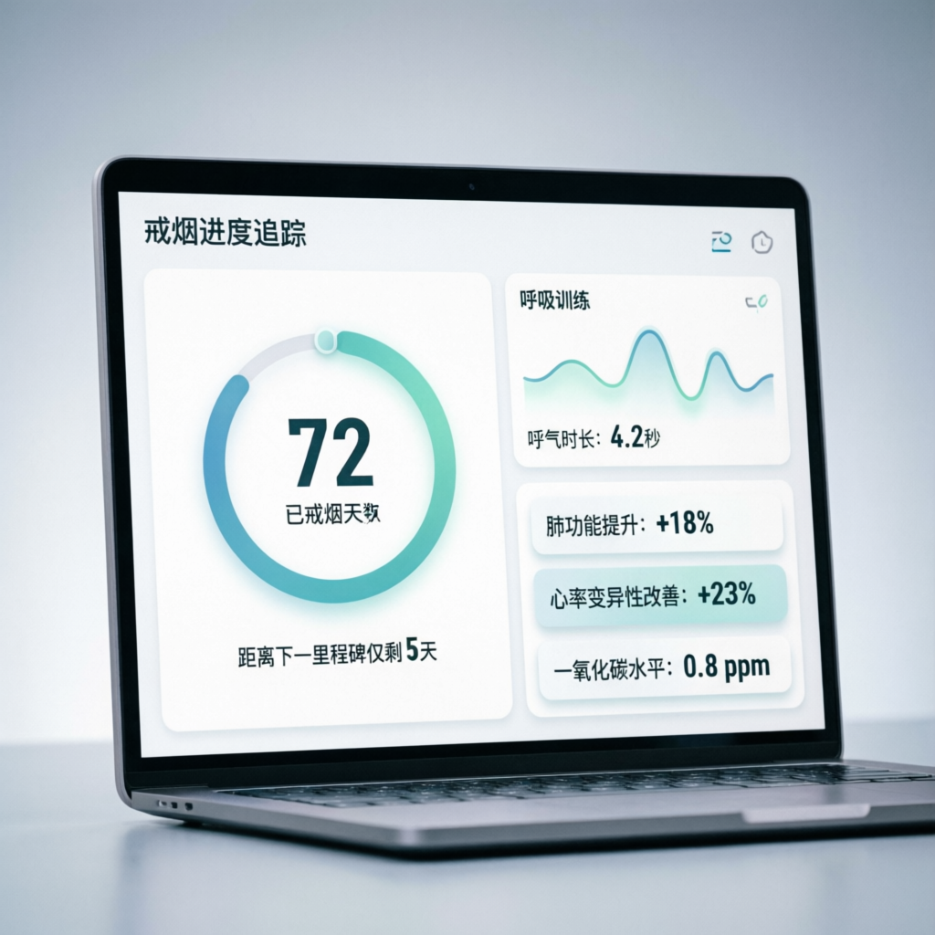 Modern nicotine craving timer dashboard displaying quit smoking progress, breathing exercise analytics, and health recovery metrics on a laptop screen