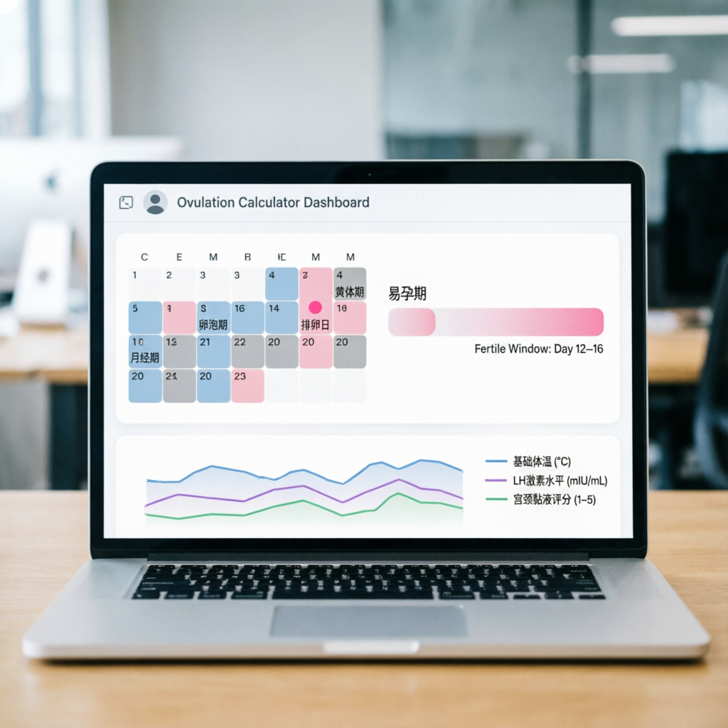 Modern ovulation calculator dashboard displaying a menstrual cycle calendar, fertile window tracking, and women's health analytics on a laptop screen