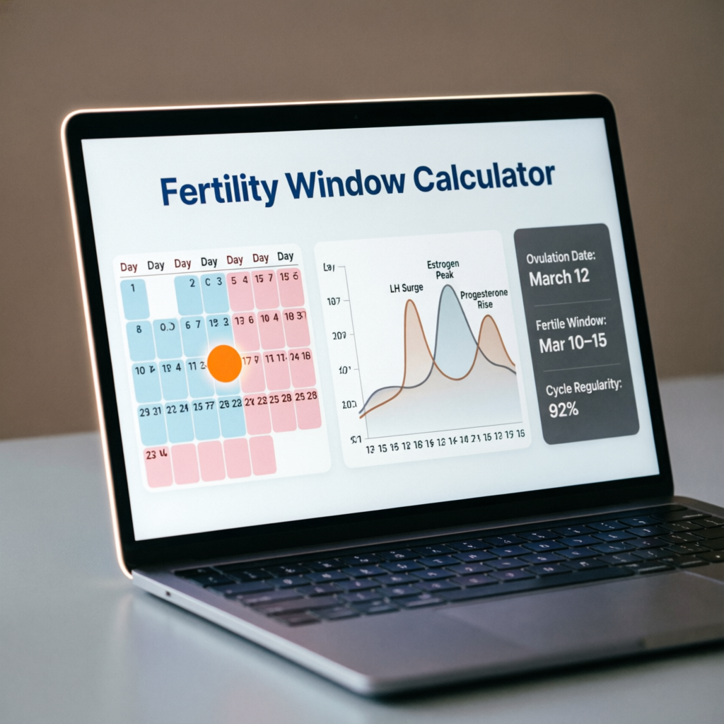 Modern fertility window calculator dashboard displaying a menstrual cycle calendar, ovulation tracking, and reproductive health analytics on a laptop screen