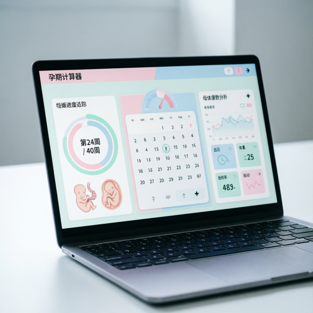 Modern pregnancy due date calculator dashboard displaying a calendar, pregnancy progress tracker, and maternal health analytics on a laptop screen