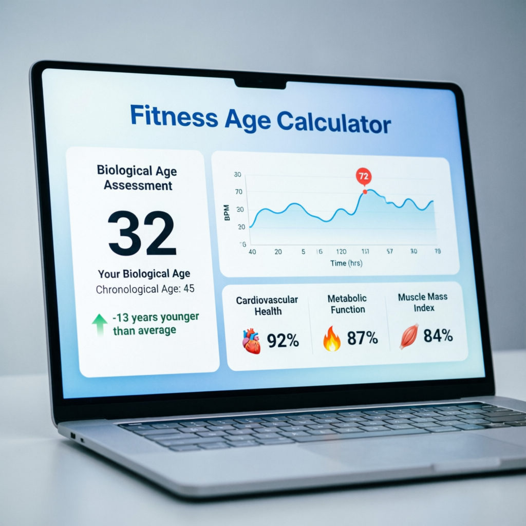 Modern fitness age calculator dashboard displaying biological age metrics, heart rate graphs, and health analytics on a laptop screen