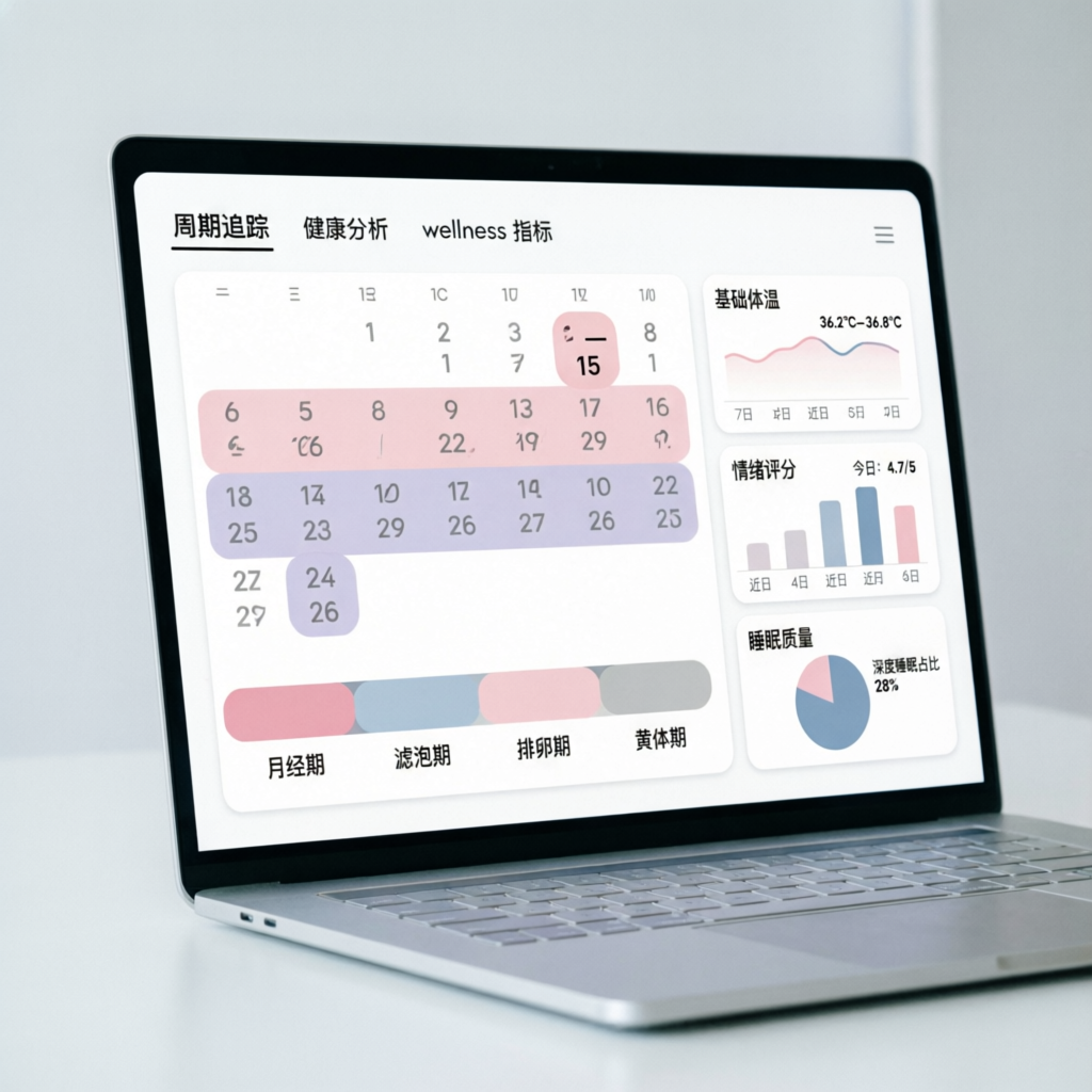 Modern period tracker dashboard displaying a menstrual cycle calendar, health analytics, and women's wellness metrics on a laptop screen