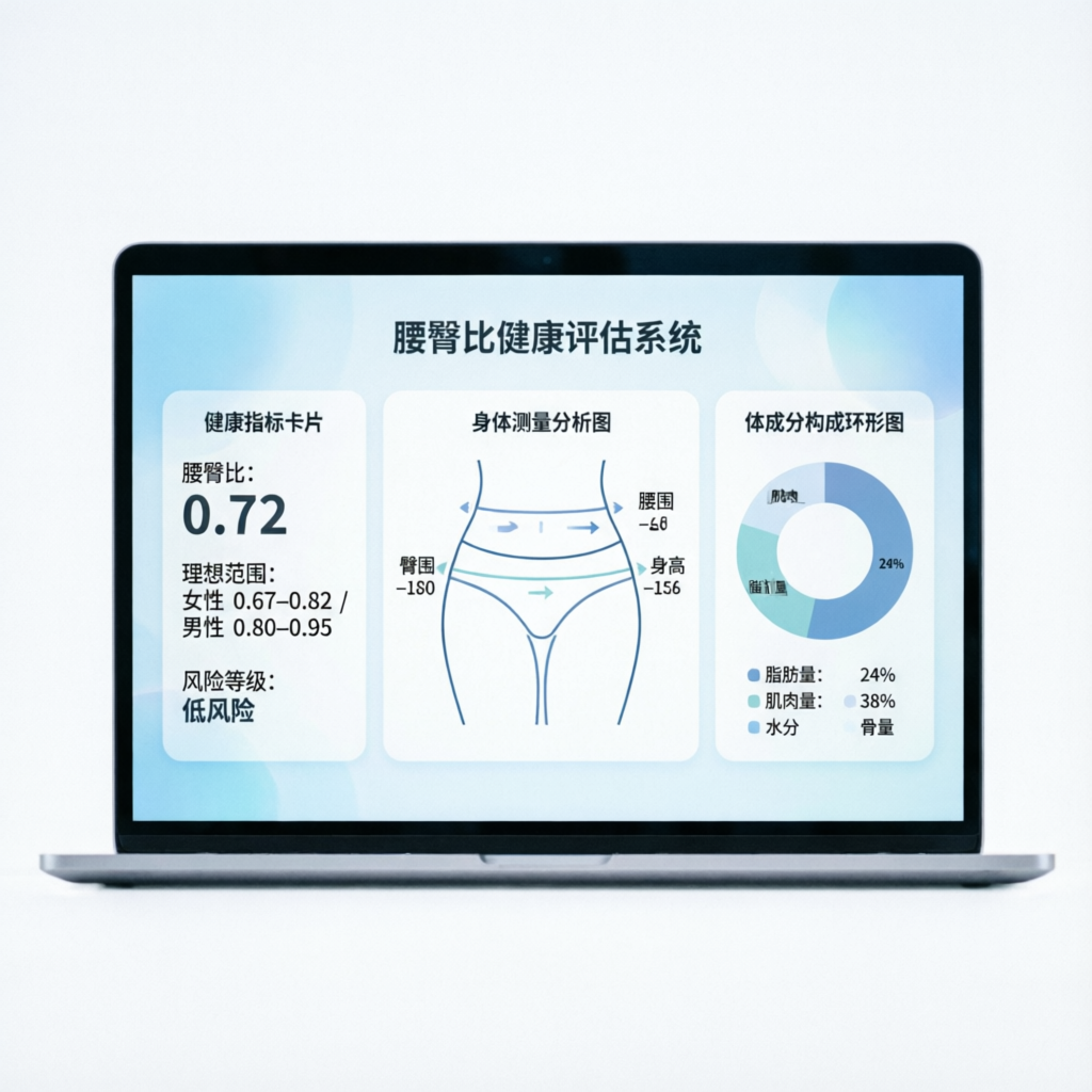 Modern waist-to-hip ratio calculator dashboard displaying health metrics, body measurement analytics, and body composition charts on a laptop screen