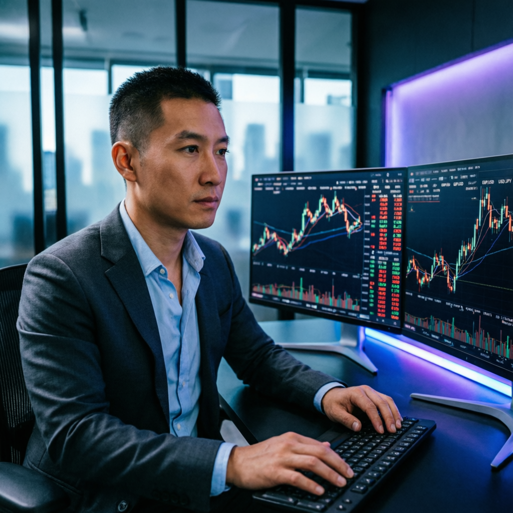 Professional Topstep trader analyzing futures charts on multiple monitors