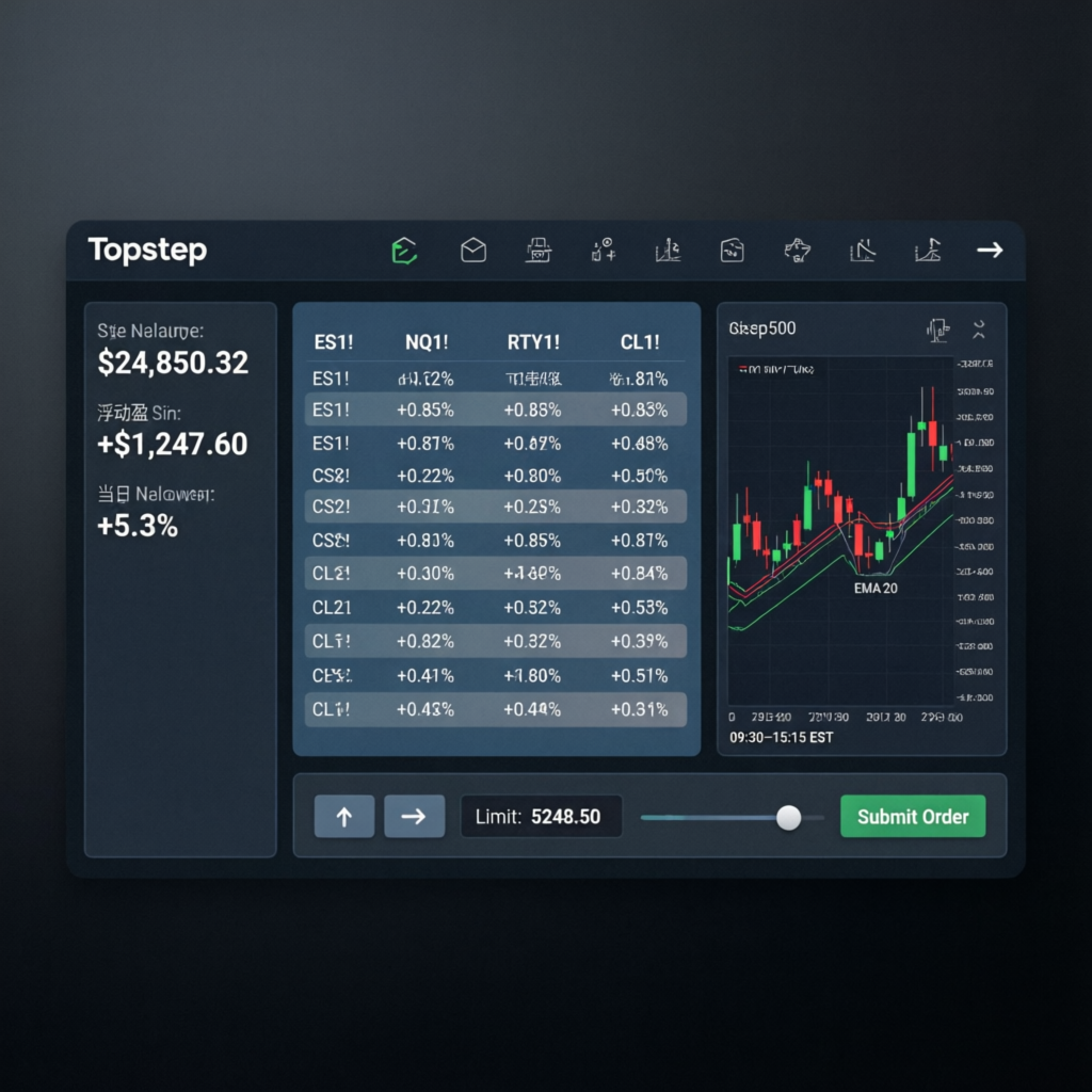 Topstep trading platform interface mockup with futures data
