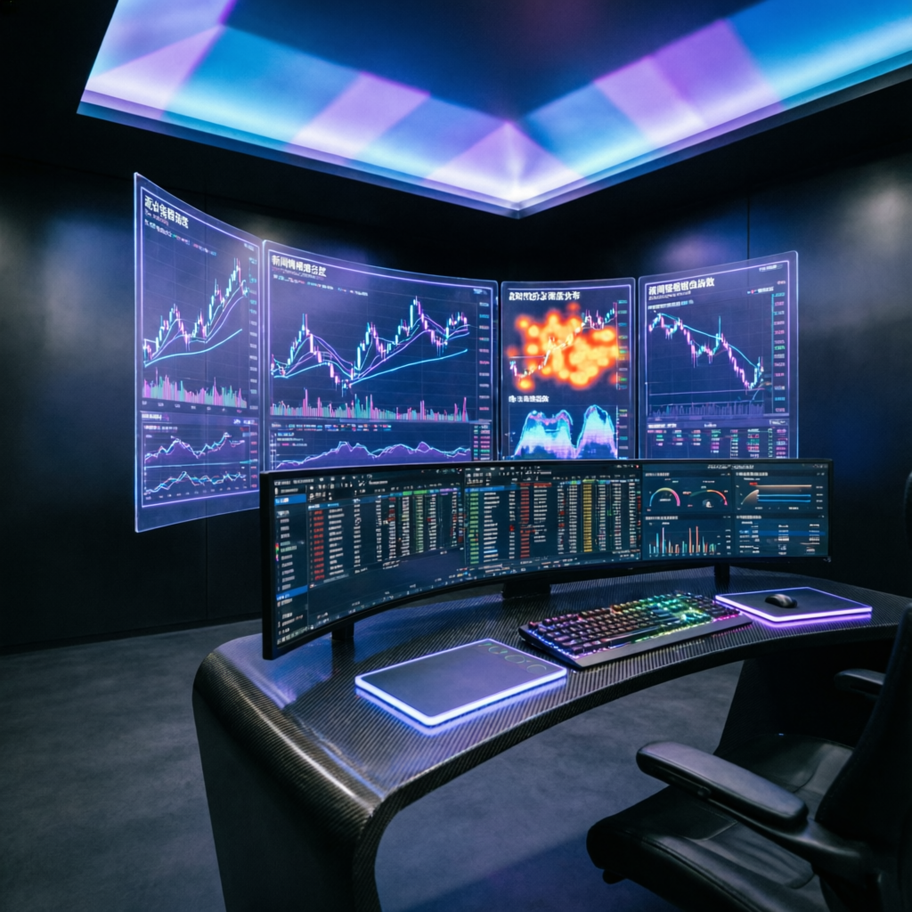Futuristic forex trading command center with holographic displays