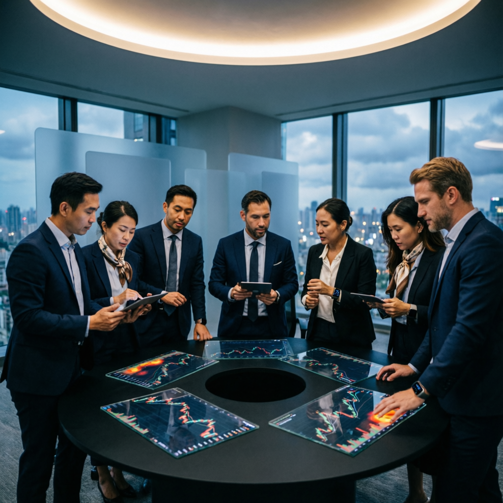 Professional trading team collaborating on prop firm challenge strategies
