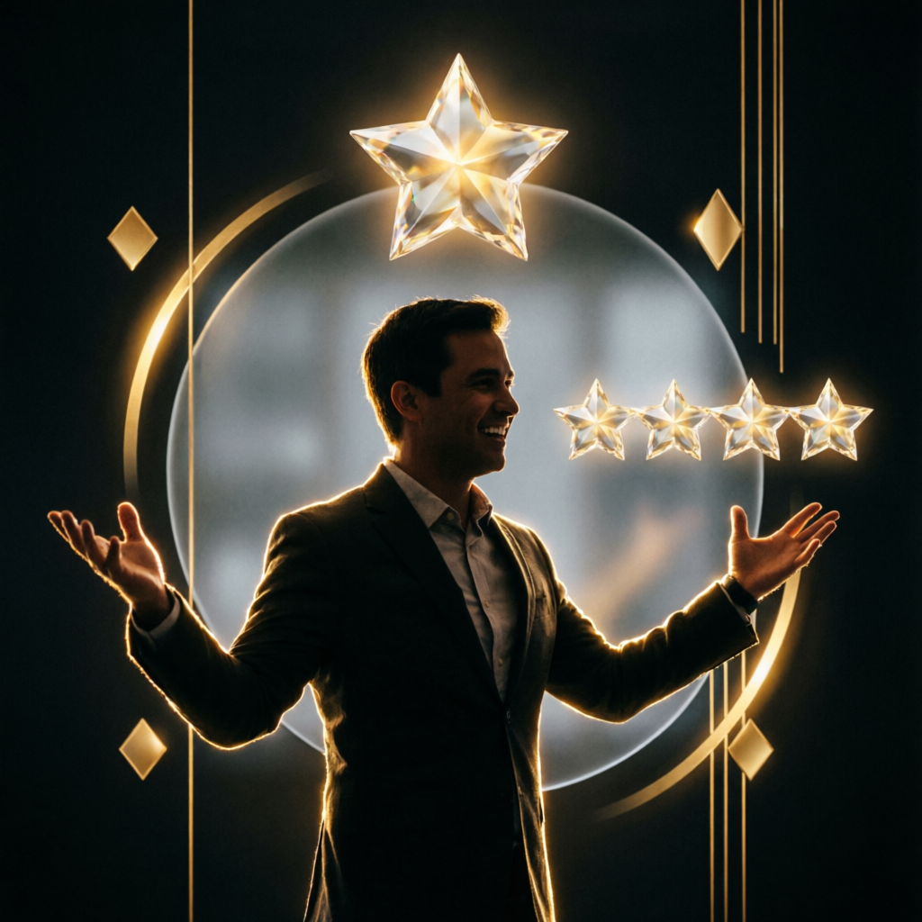 Happy client celebrating 5-star review success