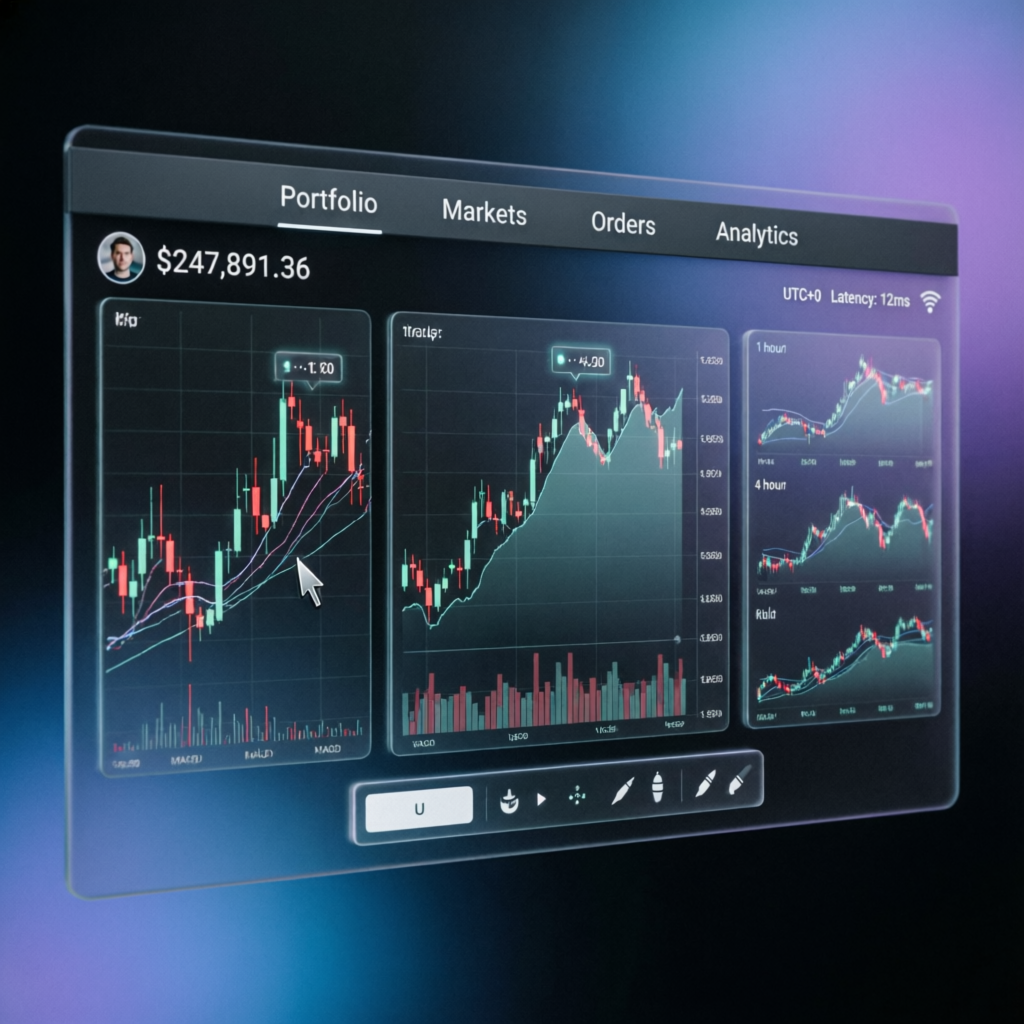 Advanced trading platform interface with multiple charts and indicators