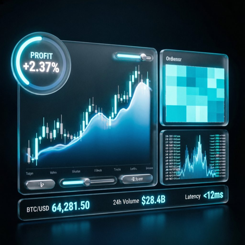 Futuristic trading dashboard interface with live charts and profit indicators