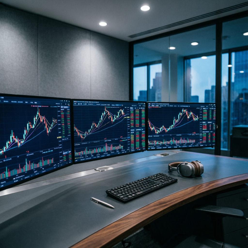 Professional prop firm trading office with multiple monitors showing Topstep futures charts