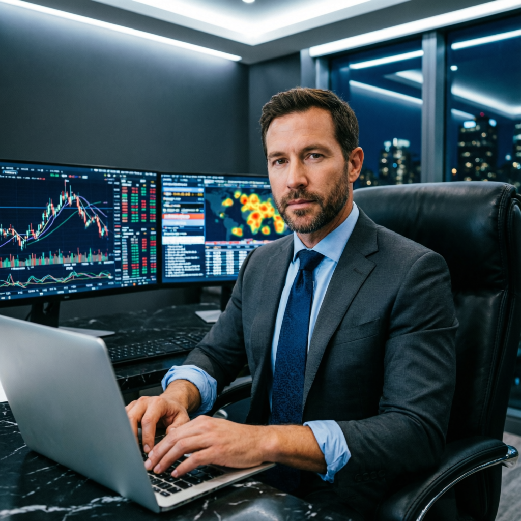 Professional trader working on laptop with trading charts in background
