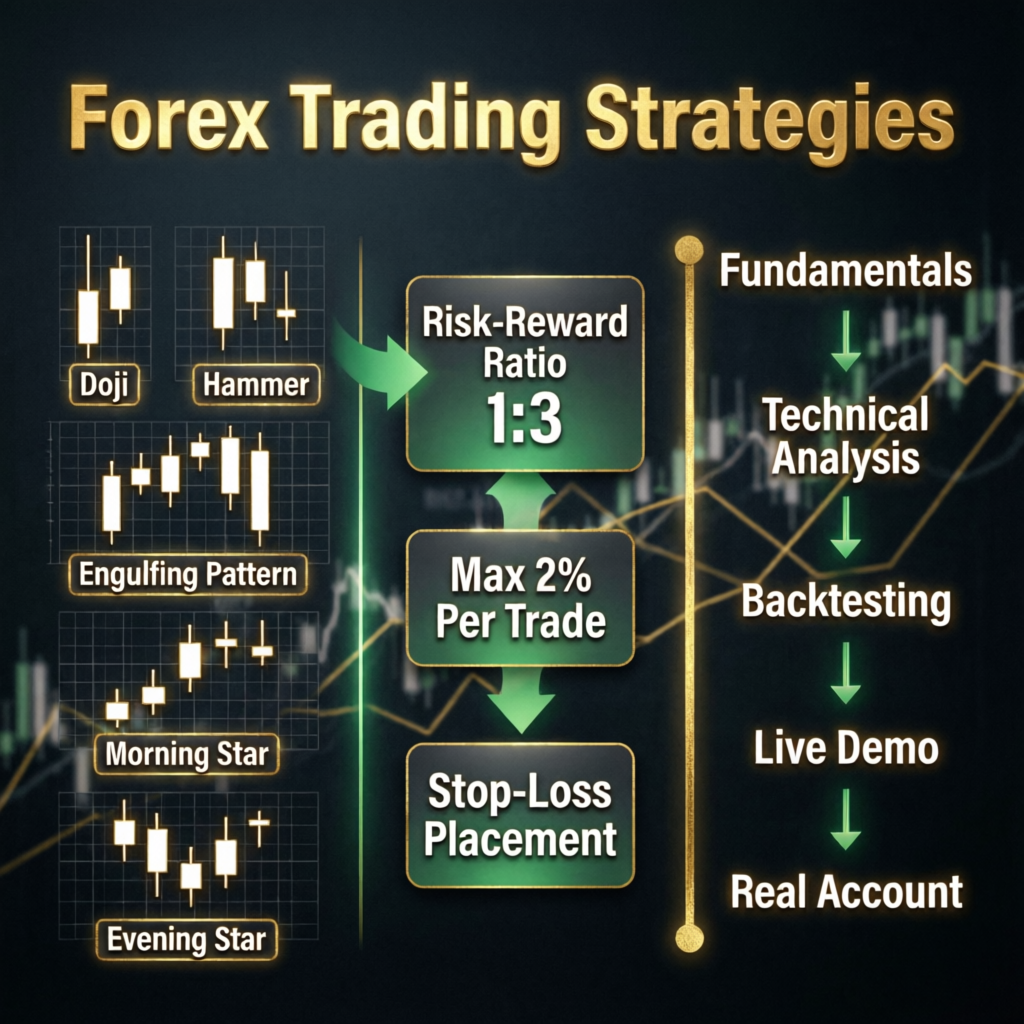 Forex trading strategies infographic showing candlestick patterns, risk-reward ratio, and trading methodology