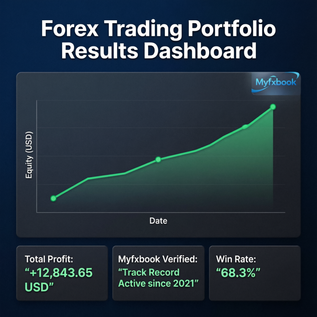 Forex trading portfolio results dashboard showing upward equity growth curve with Myfxbook verified statistics