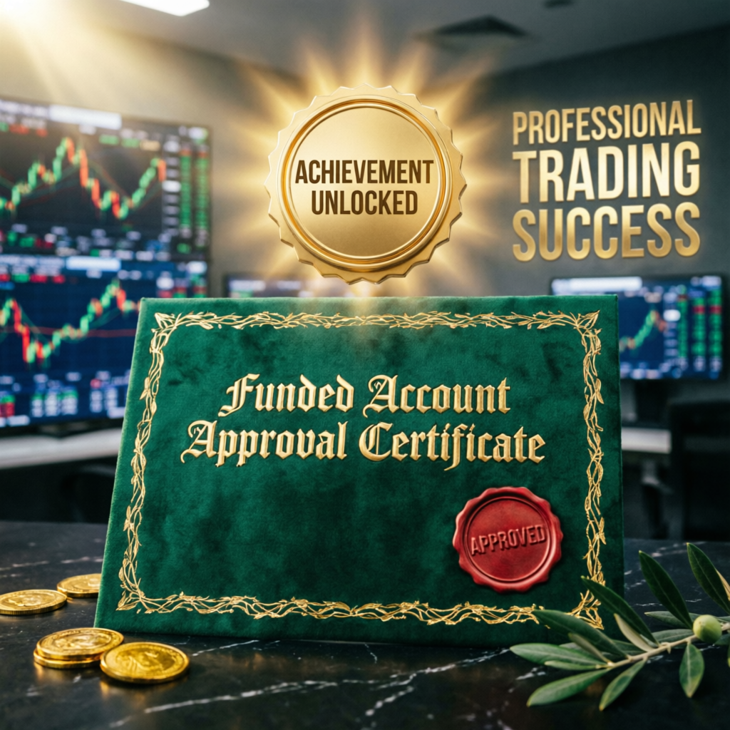 Funded account approval certificate with achievement unlocked seal