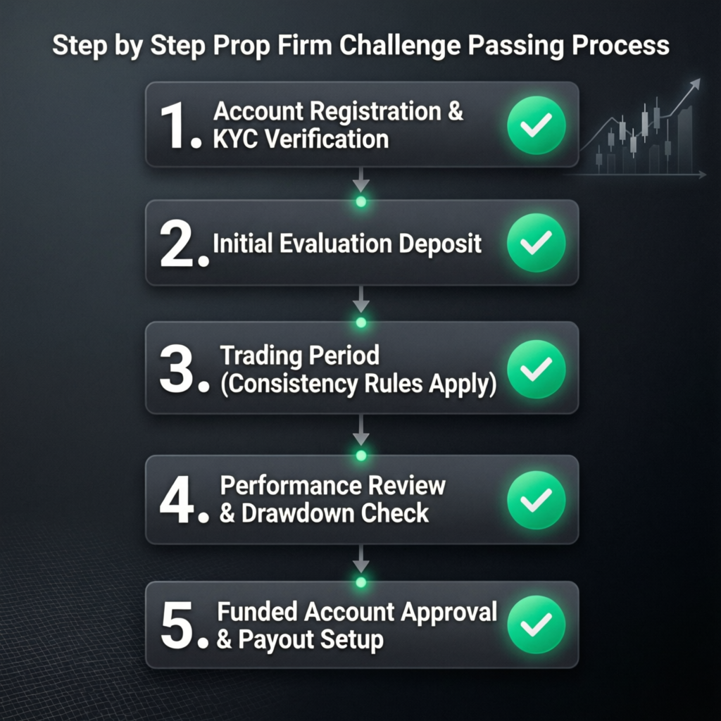 Step by step prop firm challenge passing process with 5 numbered stages from registration to funded account approval