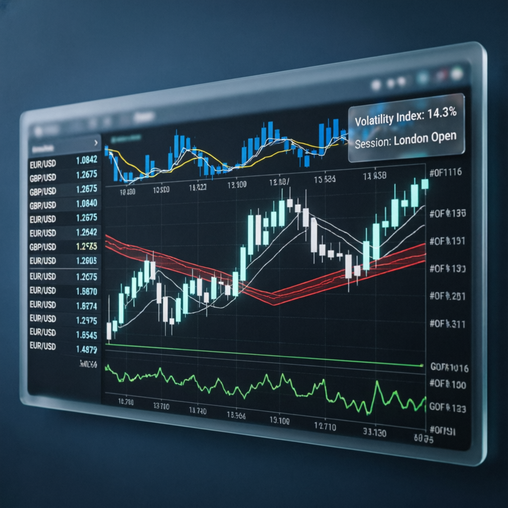 Forex market analysis with currency pairs EUR USD GBP and candlestick charts showing professional trading platform interface