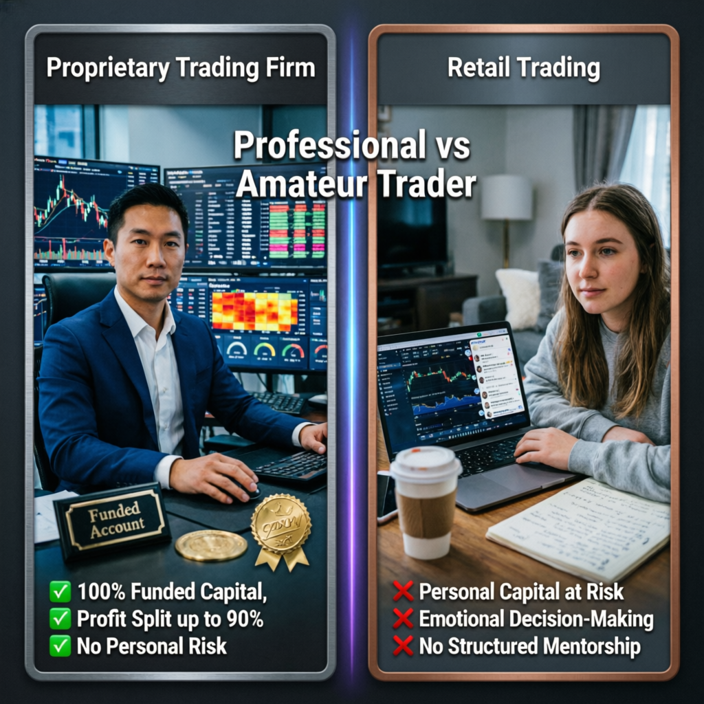 Comparison between proprietary trading firm funded account benefits and retail trading risks