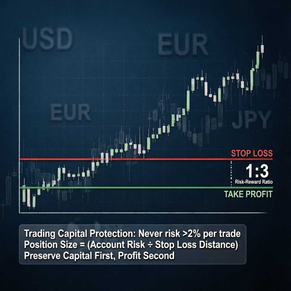 Risk management visualization showing stop loss, take profit levels and risk-reward ratio on forex chart