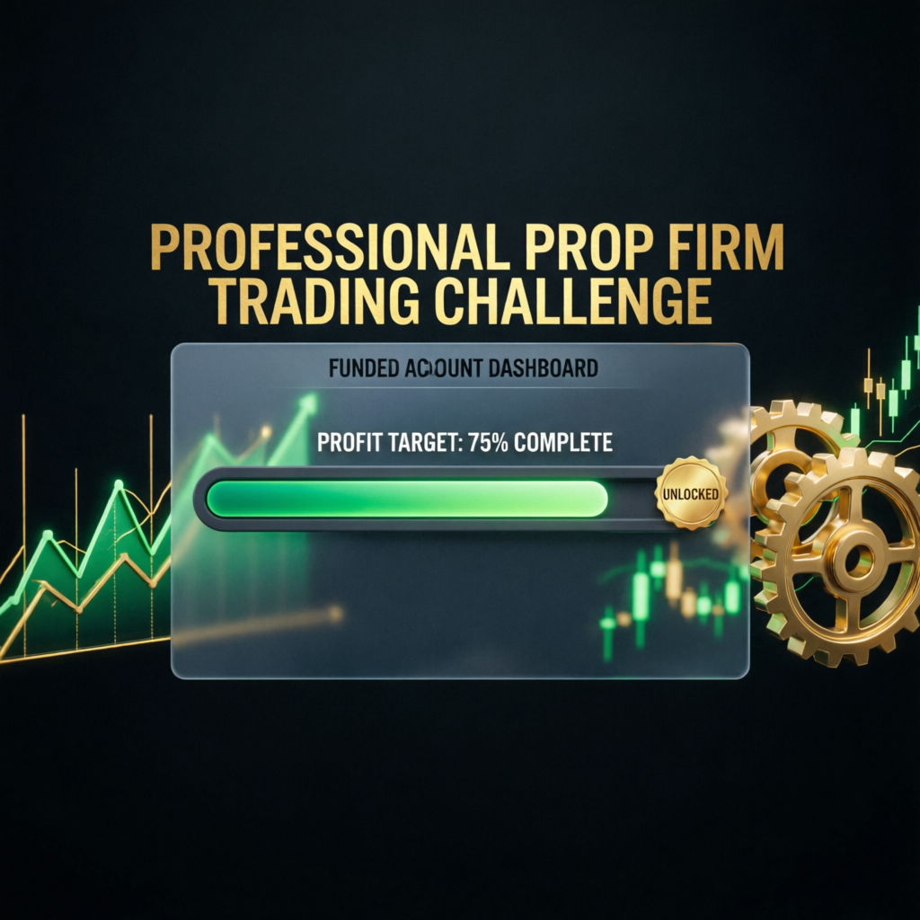 Professional prop firm trading challenge funded account dashboard showing profit target progress