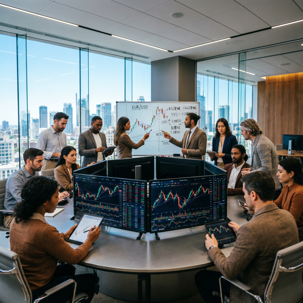 Professional team of expert forex traders collaborating in modern trading office with multiple monitors
