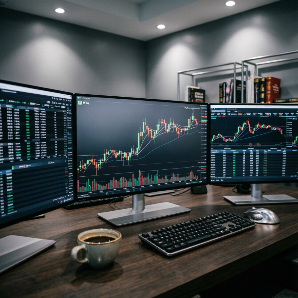 Professional forex trading desk with multiple monitors showing live candlestick charts and trading platforms
