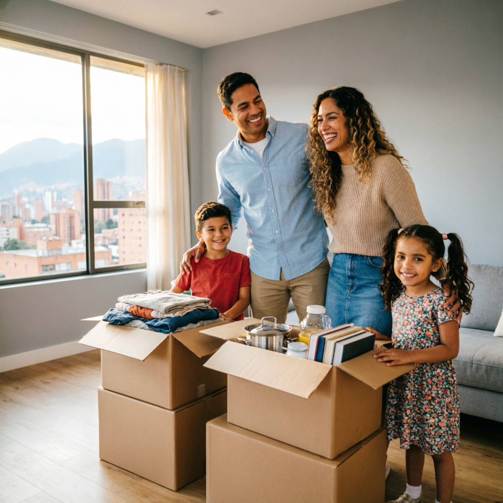 Mudanzas económicas Bogotá - Familia feliz en su nuevo hogar después de servicio de trasteo profesional