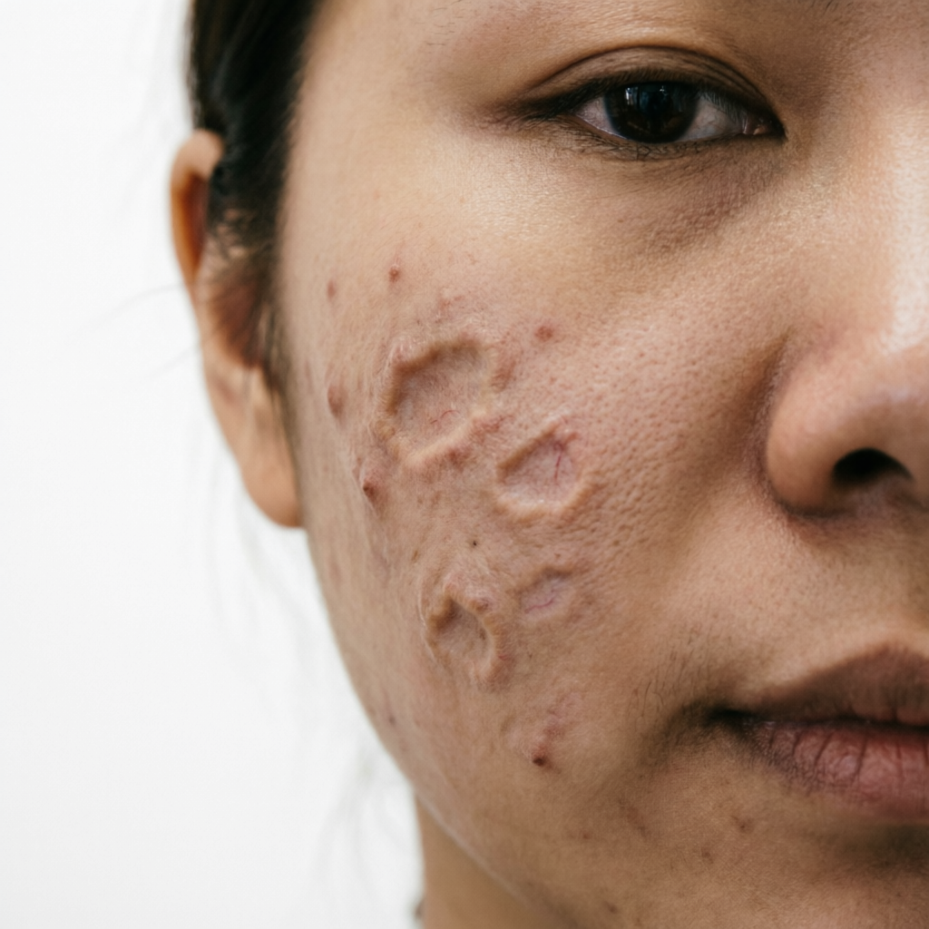 Before scar reduction treatment showing visible acne scars at Tricho Derma Bangalore
