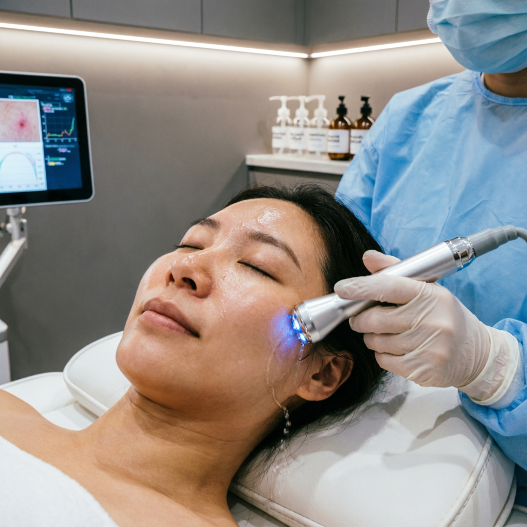 Hydrafacial treatment session for skin brightening and hydration at Tricho Derma Bangalore