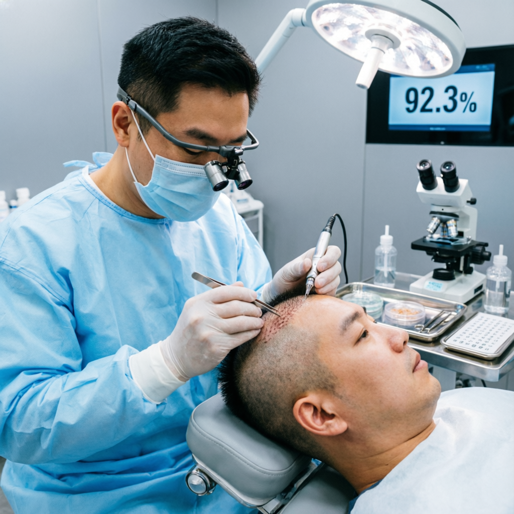 FUE hair transplant procedure in progress at Tricho Derma Bangalore showing graft implantation