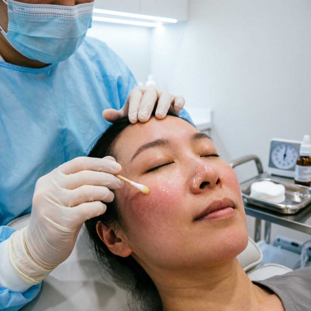 Chemical peel skin treatment being applied by dermatologist at Tricho Derma Bangalore clinic