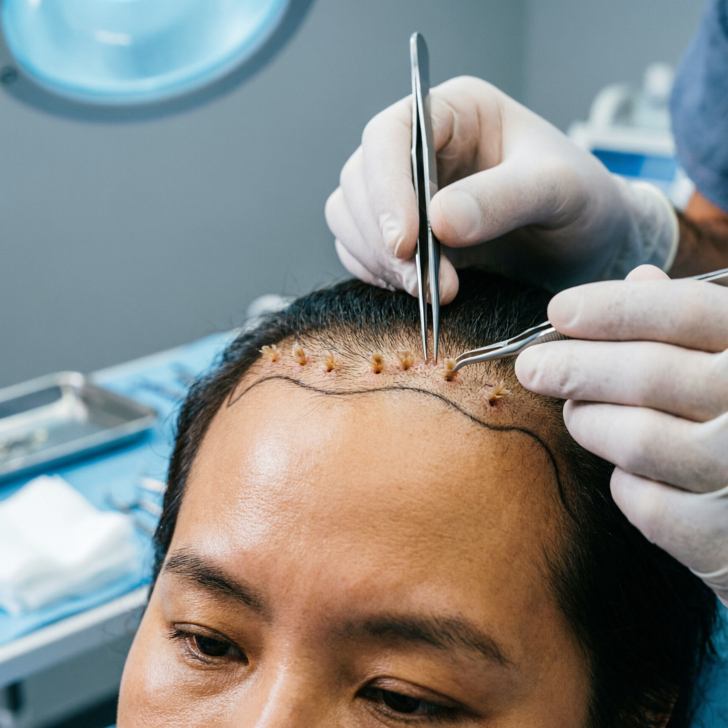 Hair transplant graft implantation process showing natural hairline design at Tricho Derma Bangalore