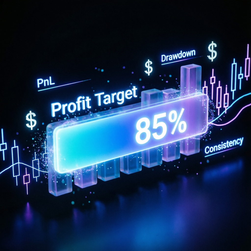 Apex Trader Funding profit target progress visualization showing 85% completion